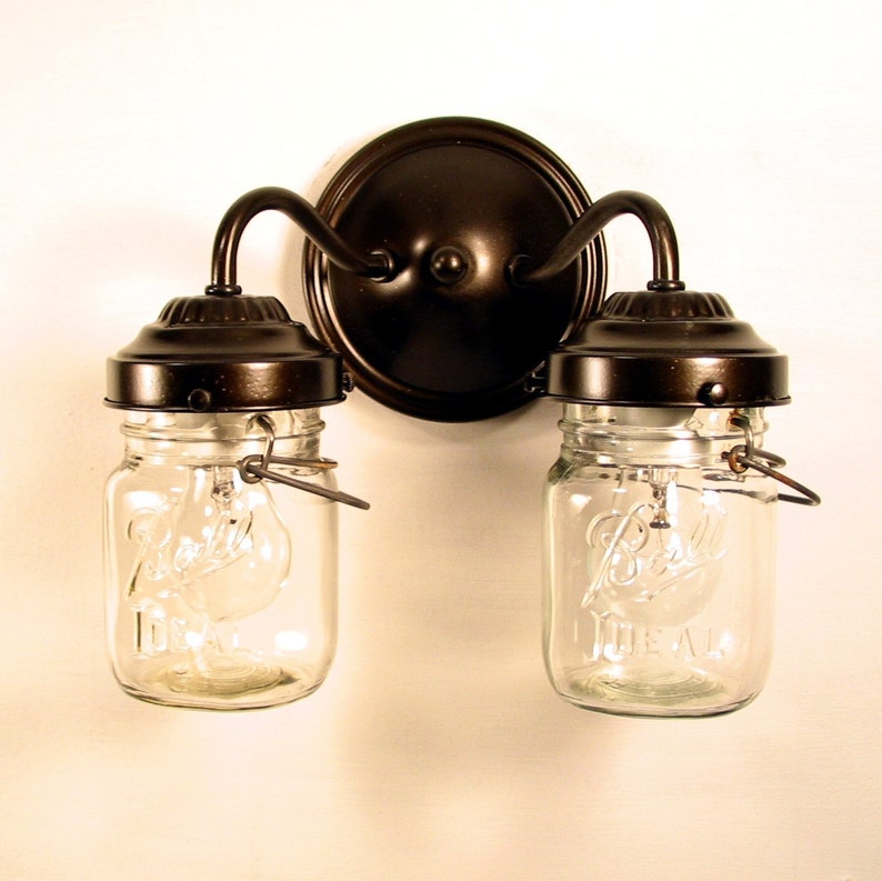 Vintage Mason Jar DOUBLE Wall Sconce Light Rustic Antique Vanity Mount Canning Jar Bathroom Lighting Fixture Chandelier Track Fan Farmhouse image 4