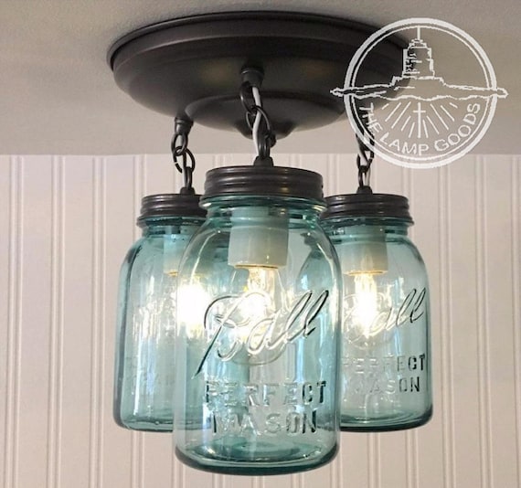 Blue Mason Jar Ceiling Lighting Fixture Vintage Ball Trio Etsy