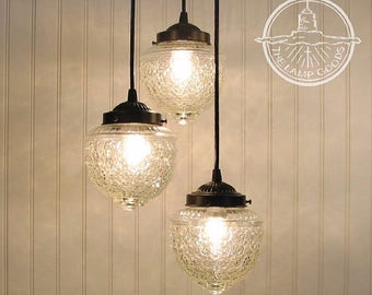 Antique Acorn Glass CHANDELIER Light Pendant Trio - Vintage Dining Ceiling Lighting Fixture Flush Mount Kitchen Island Lamp Elegant Historic