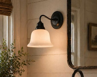 Traditional 1940s Milk Glass Bell Wall Sconce – Vintage Schoolhouse Style Wall Light – Classic White Glass Bathroom or Hallway Lighting