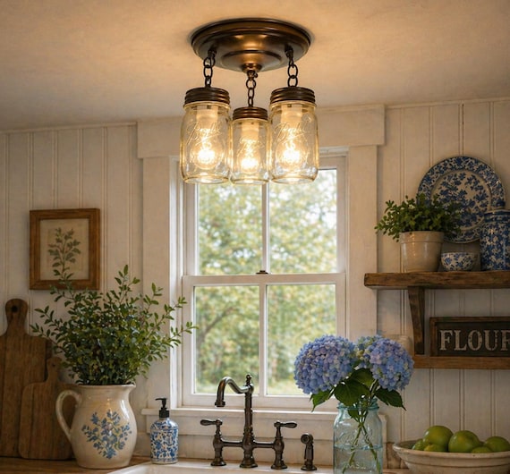 Mason Jar LIGHT FIXTURE New PINT Chain Trio - Flush Mount Farmhouse Ceiling Chandelier Pendant Lighting Rustic Kitchen Ball Track Bathroom