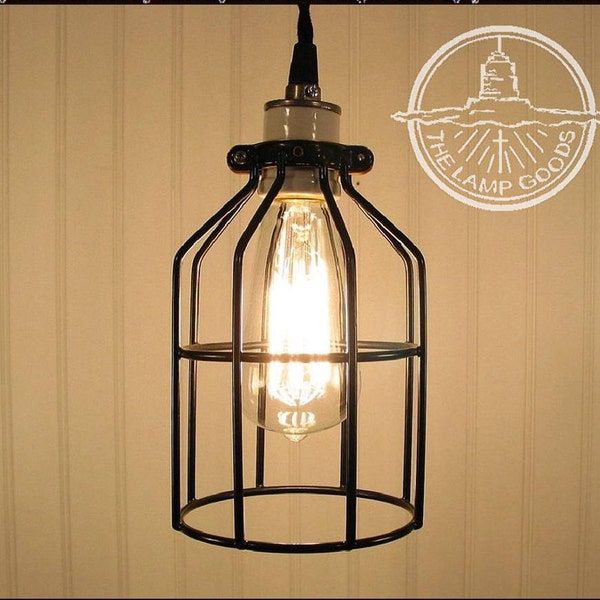 Industrial Cage PENDANT Light with Edison Bulb - Rustic Modern Loft Kitchen Ceiling Lighting Fixture Flush Mount Lamp Man Cave by LampGoods