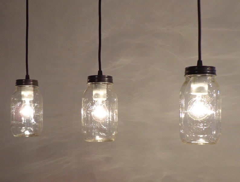 Mason Jar TRACK LIGHTING Pendant Trio - Rustic Chandelier Farmhouse Light Ceiling Flush Mount Kitchen Bathroom Lamp Hanging Canning Lamp image 4