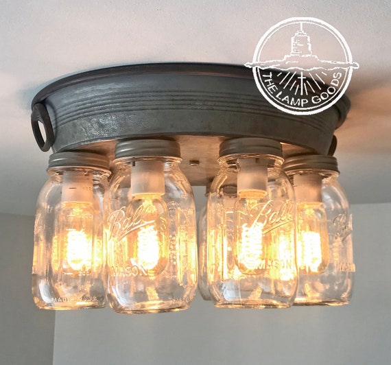 Flush Mount Rustic Mason Jar Ceiling Light Fixture New Quarts Etsy