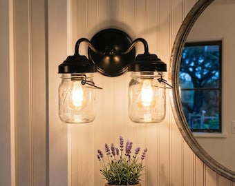 Vintage Mason Jar DOUBLE Sconce | 10"W | Rustic Wall Flush Mount Antique Light Fixture Chandelier Bathroom Kitchen Vanity