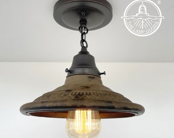 Rustic INDUSTRIAL Ceiling Light Fixture - Flush Mount Lighting Farmhouse Kitchen Bathroom Island Cabin Cottage Metal Shade Laundry Room Lamp