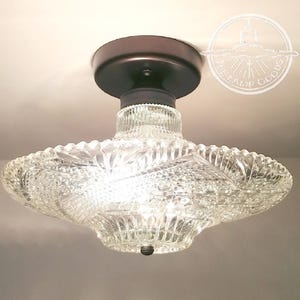 RARE! Antique Diamond Cut Ceiling Light Fixture - Kitchen Bathroom Over the Sink Lighting Flush Mount Ceiling 1970&#39;s Regency Hollywood MCM