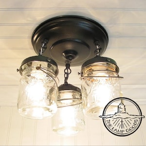 Mason Jar Ceiling Light Fixture 1930&#39;s Vintage Pint Chain Trio - FLUSH MOUNT Farmhouse Pendant Chandelier Kitchen Island Rustic Bathroom
