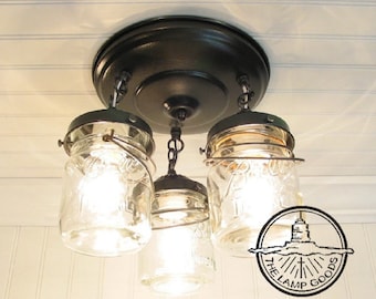 Mason Jar Ceiling Light Fixture Vintage Pint Chain Trio - FLUSH MOUNT Farmhouse Pendant Chandelier Kitchen Island Rustic Bathroom