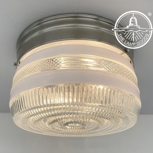 RETRO 1960&#39;s Vintage Antique DRUM Flush Mount Frost Clear Ceiling Light Brushed Nickel - Chandelier Lighting Fixture Kitchen Island Bathroom