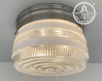 RETRO Vintage Antique DRUM Flush Mount Frost Clear Ceiling Light Brushed Nickel - 1960's Chandelier Lighting Fixture Kitchen Island Bathroom