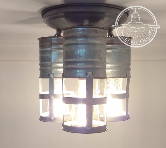 Galvanized Farmhouse Ceiling Light Trio With Edison Bulbs Ceiling Pendant Flush Mount Farmhouse Rustic By Lampgoods