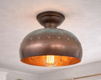Rustic Copper Patina Metal Farmhouse Ceiling Light - Lighting Fixture Flush Mount Chandelier Kitchen Bathroom Cabin Cottage Lamp Goods