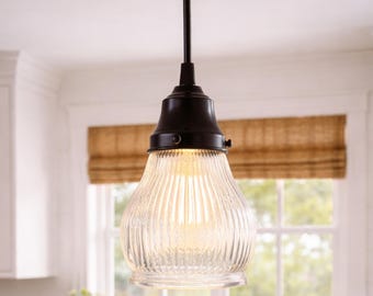 Clear Pear Holophane Pendant Light | Vintage Prismatic Glass Pendant | Industrial Farmhouse Lighting | Kitchen Island, Entryway