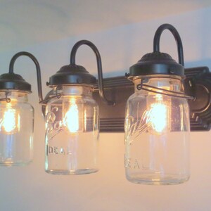 MASON JAR Lighting Fixture Wall Sconce Vintage Quart Trio Vanity Bathroom Light Rustic Farmhouse Antique image 2