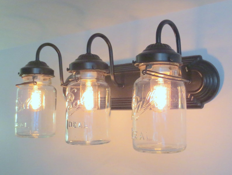 MASON JAR Lighting Fixture Wall Sconce Vintage Quart Trio Vanity Bathroom Light Rustic Farmhouse Antique image 2
