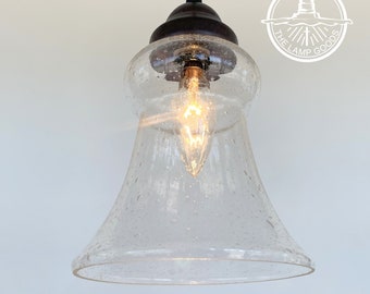 Antique Seeded Glass Pendant Light Bell Shaped - Hanging Globe Lighting Fixture Farmhouse Kitchen Bathroom Home Office Vintage Schoolhouse