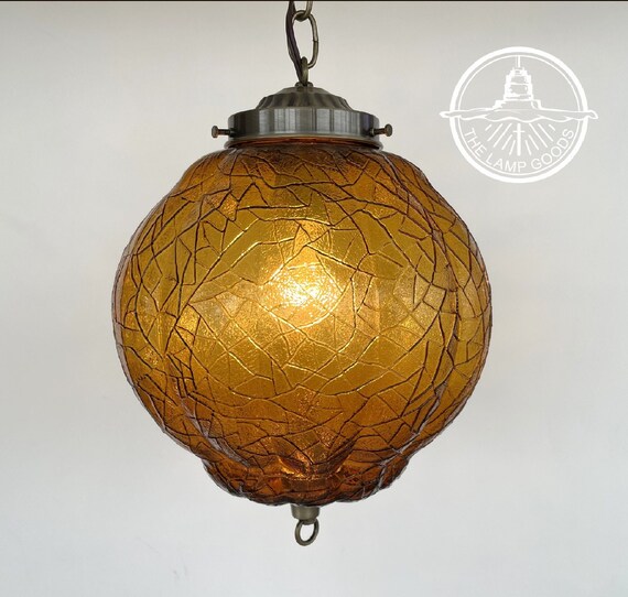 Large Vintage Amber Antique Glass Chandelier Pendant Light Fixture