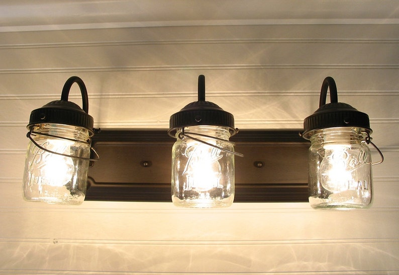 MASON JAR LIGHT Vintage Pint Bathroom Wall Sconce Trio Lighting Fixture of Mason Jar Ceiling Kitchen Farmhouse Rustic by LampGoods image 3