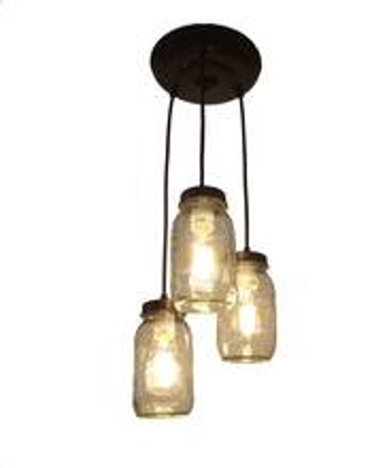 Mason Jar CHANDELIER Lighting Pendant Trio New Quarts Rustic Farmhouse Mason Jar Light Fixture Bathroom Kitchen Dining image 5