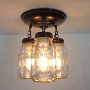 MASON JAR LIGHT Chain Trio Montaje empotrado New Quart Fan Fixture Rustic Farmhouse Colgante Glass Chandelier Lighting Canning Country Kitchen imagen 2