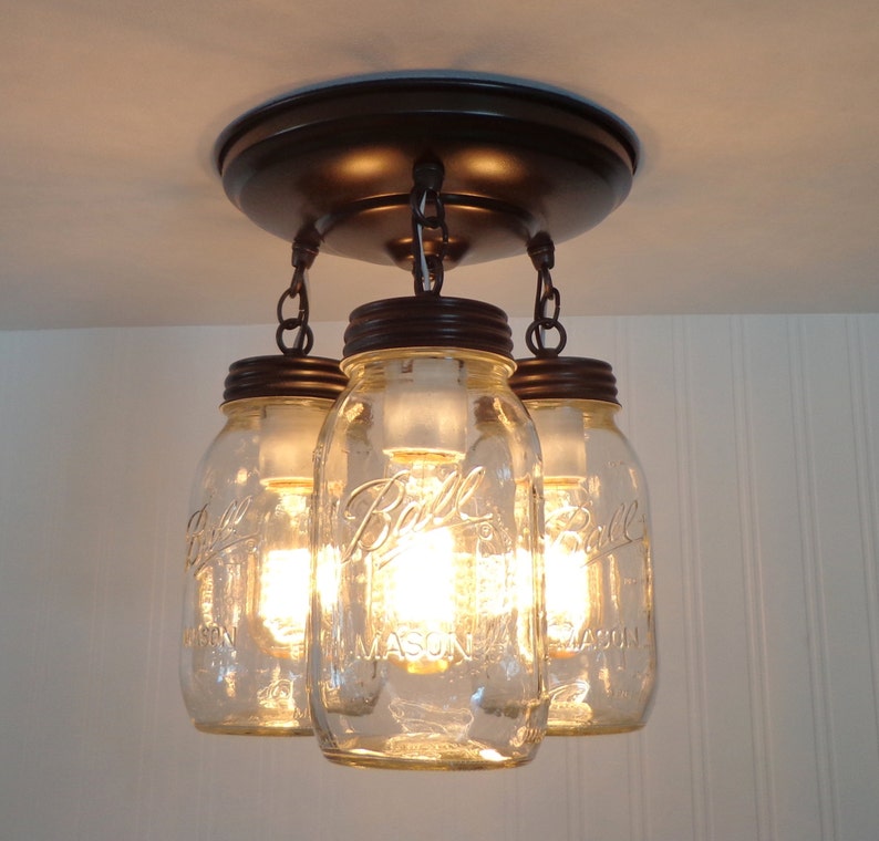 MASON JAR LIGHT Chain Trio Flush Mount New Quart Fan Fixture Rustic Farmhouse Pendant Glass Chandelier Lighting Canning Country Kitchen image 2