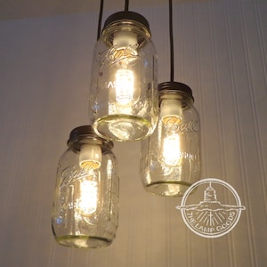 Mason Jar CHANDELIER Lighting Pendant Trio New Quarts Rustic Farmhouse Mason Jar Light Fixture Bathroom Kitchen Dining image 1