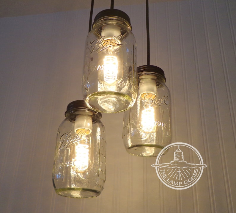 Mason Jar CHANDELIER Lighting Pendant Trio New Quarts Rustic Farmhouse Mason Jar Light Fixture Bathroom Kitchen Dining image 1