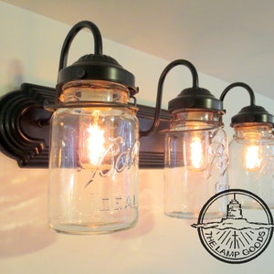 MASON JAR Lighting Fixture Wall Sconce Vintage Quart Trio Vanity Bathroom Light Rustic Farmhouse Antique image 3