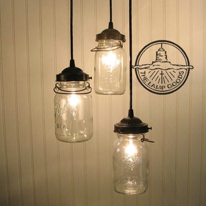 Mason Jar CHANDELIER Light Fixture 1930's Vintage Quart Pendant -Rustic Antique Hanging Kitchen Ceiling Lighting Farmhouse Dining Room Track