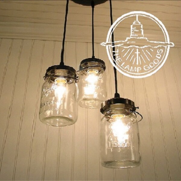 Mason Jar Chandelier Light Pendant Trio of Vintage Quart Jars - Flush Mount Ceiling Lighting Fixture Fan Farmhouse Pendant Kitchen LampGoods