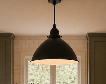 Large Black Modern Farmhouse Pendant Light Enamel Shade - Country Flush Mount Chandelier Lighting Track Fan Rustic Industrial Hanging