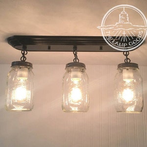 MASON JAR Light Rectangular Chain Trio- Farmhouse Canning Flush Mount Ceiling Fixture Rustic Vintage Glass Chandelier Antique Lighting Ball