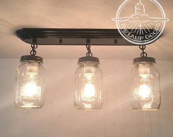 MASON JAR Light Rectangular Chain Trio- Farmhouse Canning Flush Mount Ceiling Fixture Rustic Vintage Glass Chandelier Antique Lighting Ball