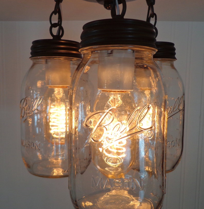 MASON JAR LIGHT Chain Trio Montaje empotrado New Quart Fan Fixture Rustic Farmhouse Colgante Glass Chandelier Lighting Canning Country Kitchen imagen 4