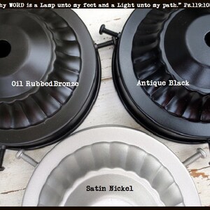 May include: Close-up of three metal ceiling fan light fixture bases in Oil Rubbed Bronze, Antique Black, and Satin Nickel finishes. The text "Thy WORD is a Lamp unto my feet and a Light unto my path." Ps.119:105 is at the top.
