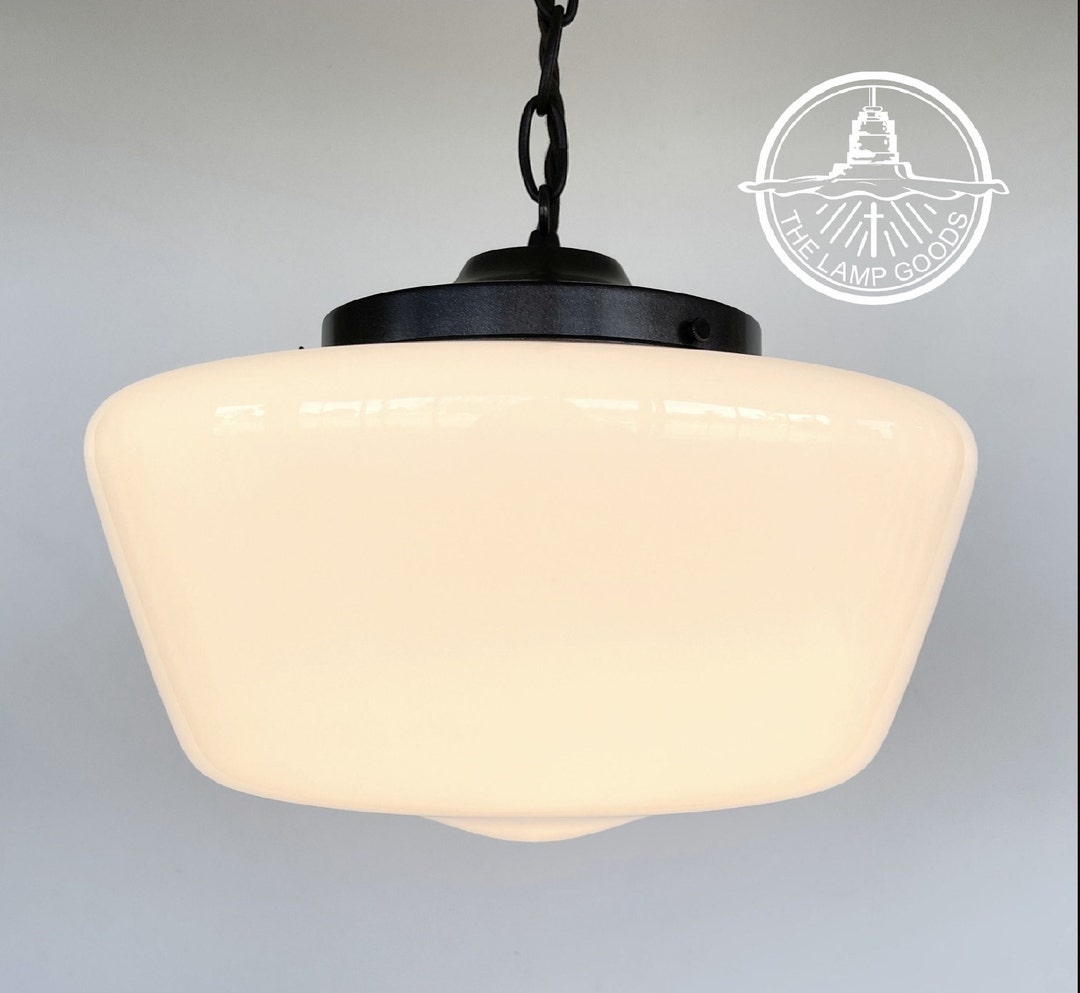 Large ANTIQUE Milk Glass PENDANT Light Schoolhouse Globe 12 Machias