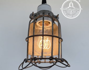 Cage Trouble Factory Rustic Pendant Light Fixture-Antique Gas Station Industrial Metal Kitchen Flush Mount Farmhouse LampGood Man Cave Cabin