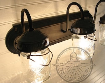 MASON JAR LIGHT Vintage Pint Bathroom Wall Sconce Trio - Lighting Fixture of Mason Jar Ceiling Kitchen Farmhouse Rustic by LampGoods