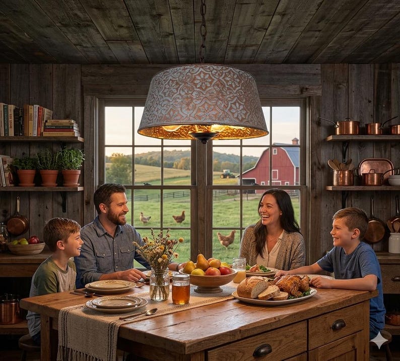 Puede incluir: Una familia disfruta de una comida en una mesa de madera en una cocina r&uacute;stica. Una gran pantalla de l&aacute;mpara estampada cuelga sobre la mesa. La ventana ofrece una vista de un granero rojo y campos verdes. Ollas y sartenes de cobre est&aacute;n en los estantes.