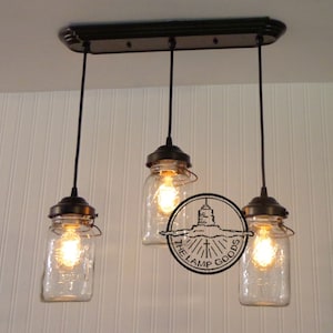 Mason Jar CHANDELIER Light 24" Rectangular with Vintage Quart Pendant Trio - Lighting Flush Mount Farmhouse Bathroom Kitchen Rustic Ceiling