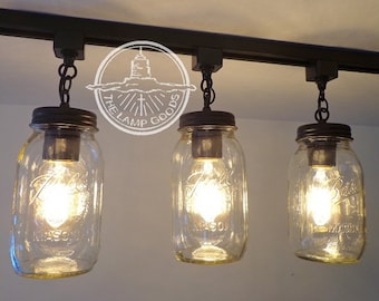 Mason Jar TRACK LIGHTING Chain Trio - Araña rústica Farmhouse Track Kitchen Island Country Remodelación Actualizar accesorio de techo de montaje empotrado