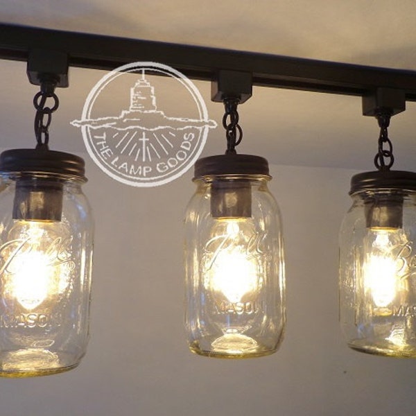 Mason Jar TRACK LIGHTING Chain Trio - Rustic Chandelier Farmhouse Track Kitchen Island Country Remodel Update Flush Mount Ceiling Fixture