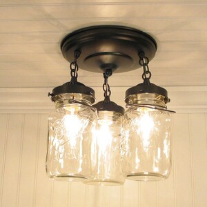 Mason Jar LIGHT FIXTURE Chain Trio of Vintage Quarts Rustic Farmhouse Chandelier Lighting Ceiling Antique Kitchen Pendant Bathroom Pantry image 2