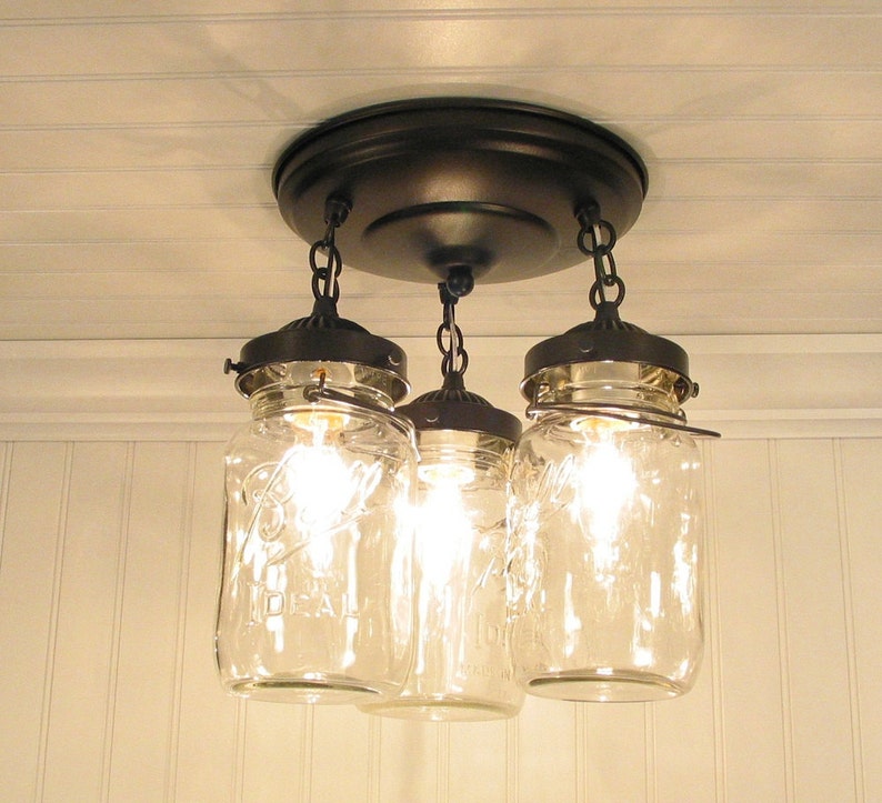 Mason Jar LIGHT FIXTURE Chain Trio of Vintage Quarts Rustic Farmhouse Chandelier Lighting Ceiling Antique Kitchen Pendant Bathroom Pantry image 2