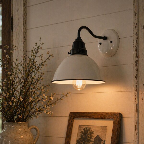 White Enamel Wall SCONCE Vintage Farmhouse Lighting- Modern White Wall Light Flush Mount Chandelier Track Fan Rustic Laundry Room Lighting