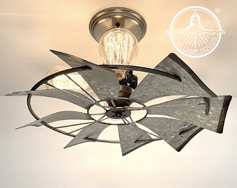 Farmhouse Galvanized Windmill Ceiling Light 16"-Semi Flush Mount Lighting Fixture Modern Farmhouse Chandelier Kitchen Galvanized Kitchen