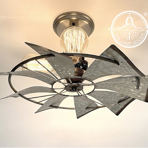 Farmhouse Galvanized Windmill Ceiling Light 16"-Semi Flush Mount Lighting Fixture Modern Farmhouse Chandelier Kitchen Galvanized Kitchen