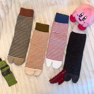 Striped Tabi Crew | Retro Japanese Split-Toe Design | 3 Pairs Cotton Mid-Calf Set