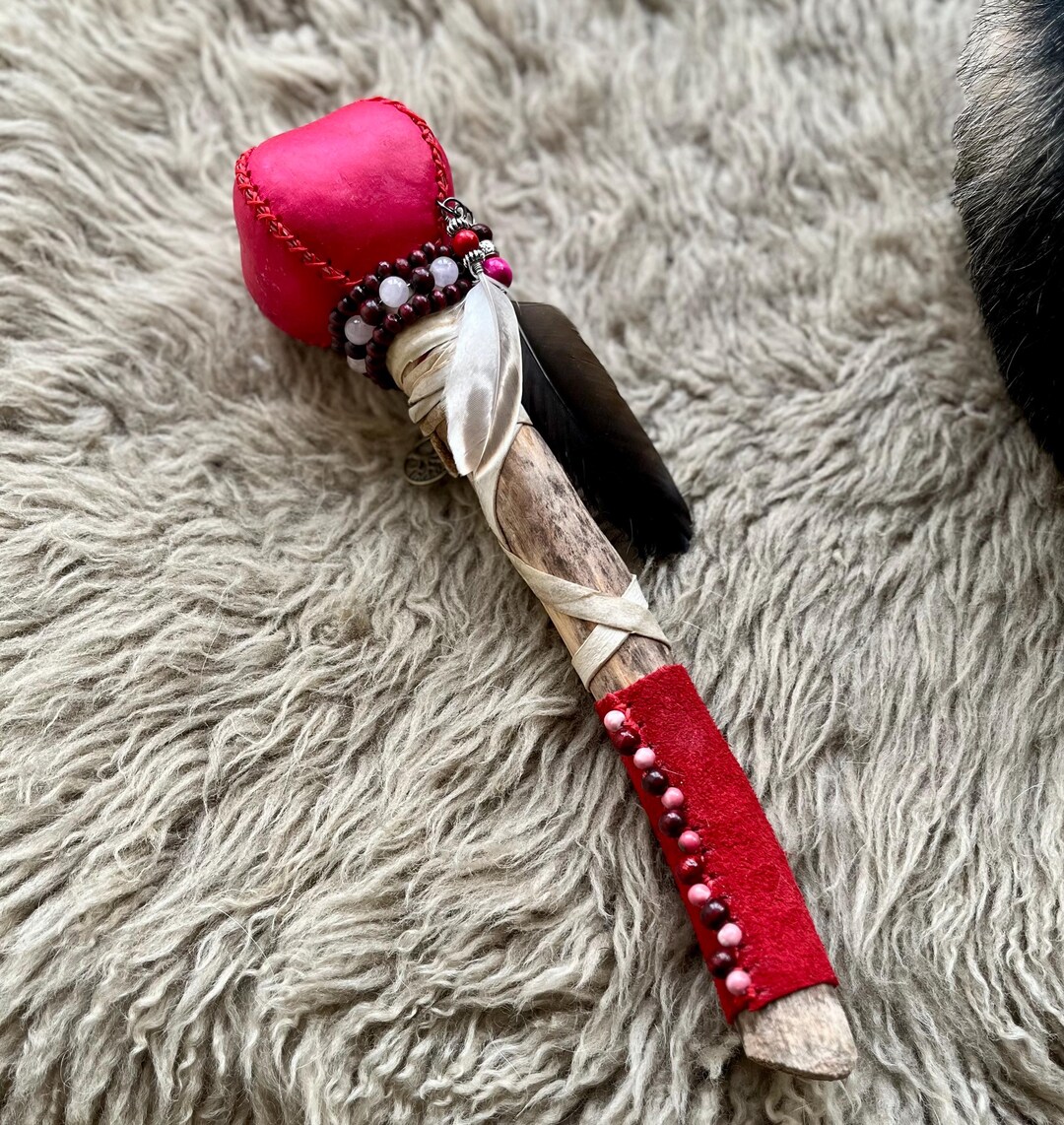 Rose Rattle Hand-dyed Deer Skin Shamanic Rattle - Rose Quartz and Pink & Green Jade ...